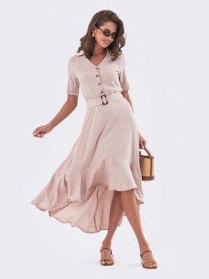 Літня лляна сукня міді бежевого кольору - фото