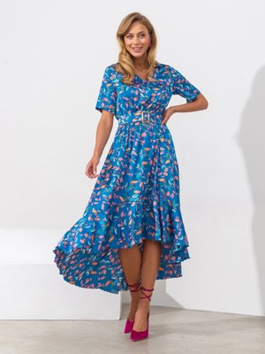 Літня шовкова сукня міді блакитного кольору - фото