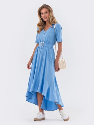 Летнее льняное платье миди голубого цвета - фото