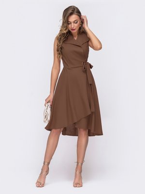 Льняна літня сукня на запах коричневого кольору - фото