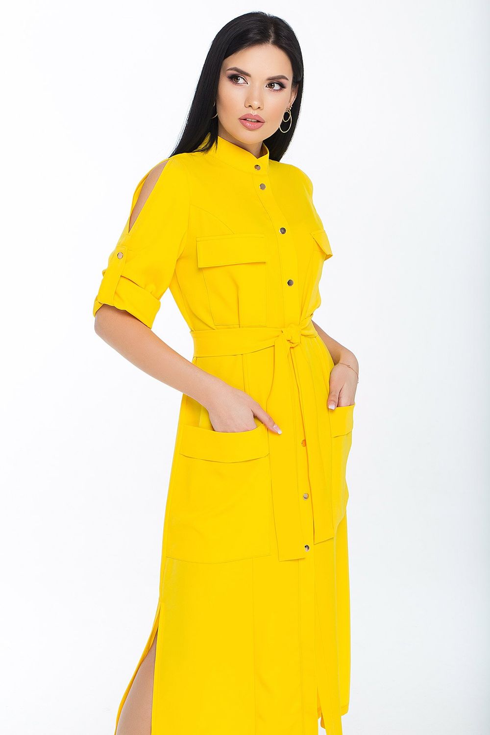 Довге плаття сорочка жовтого кольору - фото