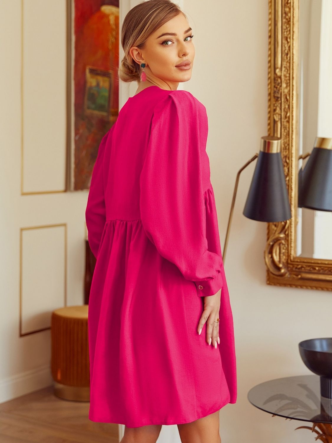 Летнее льняное платье оверсайз розового цвета - фото