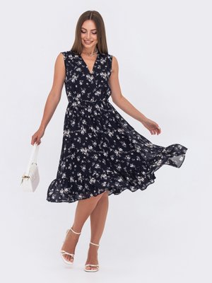 Легка шифонова сукня на літо з принтом темно-синя - фото