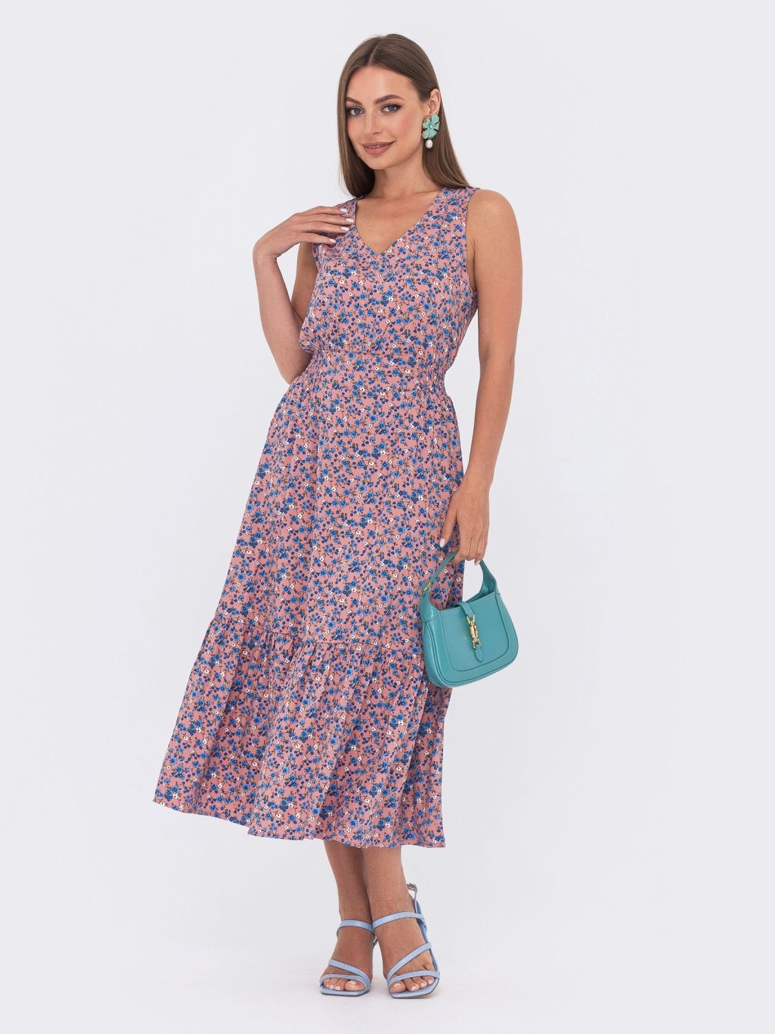 Літня сукня міді пудрового кольору з принтом - фото