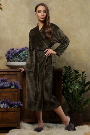 Жіночий велюровий халат кольору хакі - фото