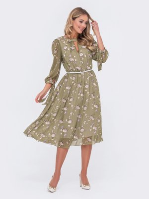 Шифоновое платье миди с юбкой-солнце оливковое - фото