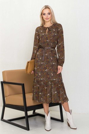 Шифоновое платье миди на весну коричневое - фото
