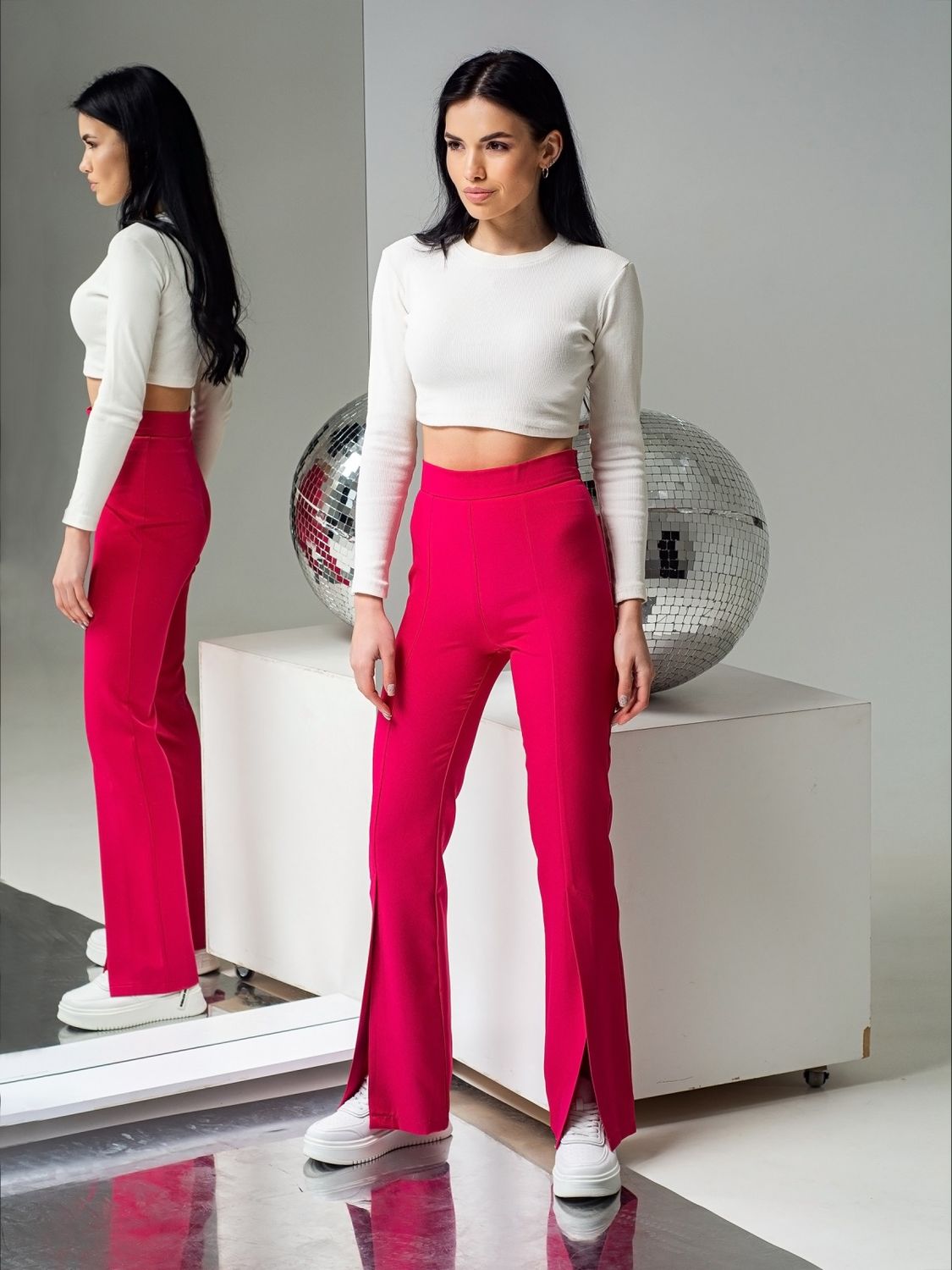 Жіночі брюки кльош з високою талією рожеві - фото