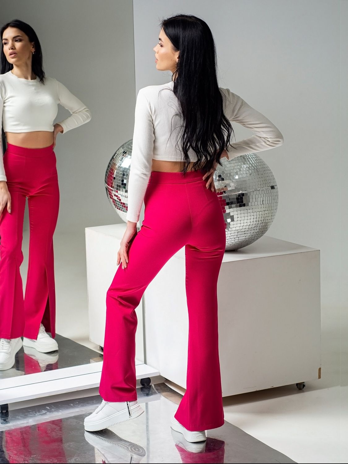 Жіночі брюки кльош з високою талією рожеві - фото