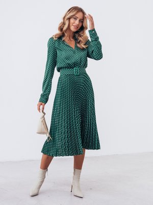 Шелковое платье миди с юбкой-плиссе зеленого цвета - фото