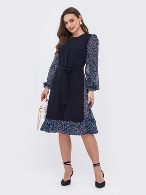 Комбинированное весеннее платье с принтом синее - фото