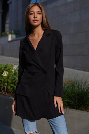 Удлиненный двубортный пиджак черного цвета - фото