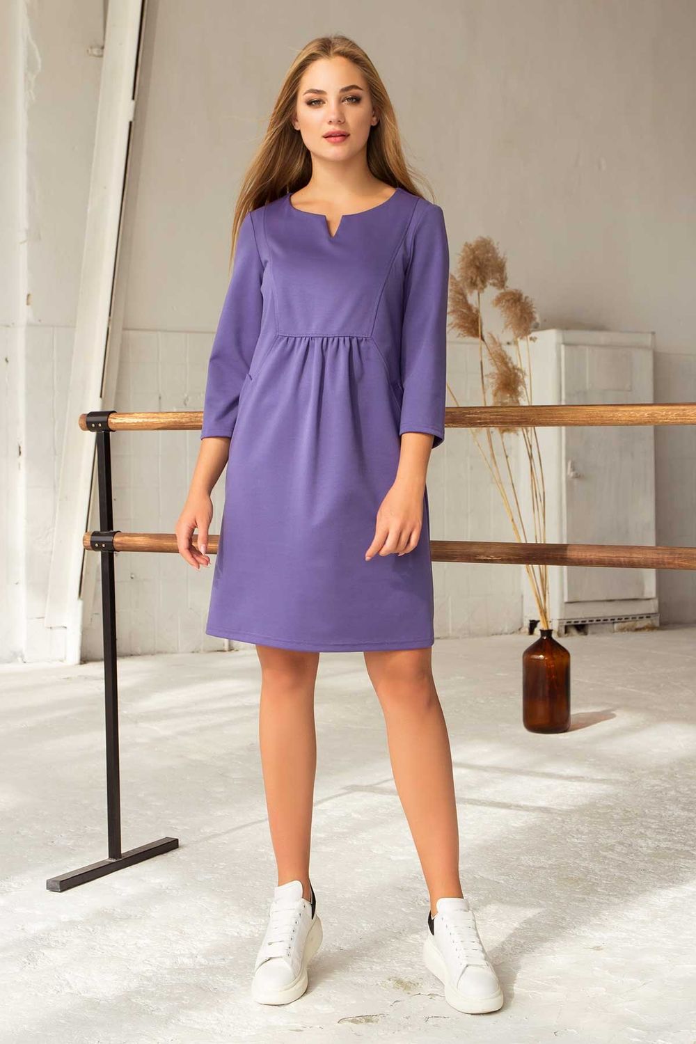 Платье с высокой талией офисное фиолетовое - фото
