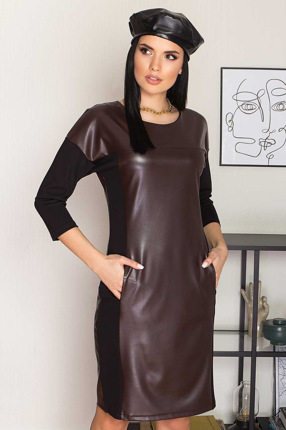 Шкіряне плаття жіноче коричневе з трикотажем - фото