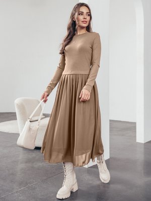 Комбіноване плаття міді бежевого кольору - фото