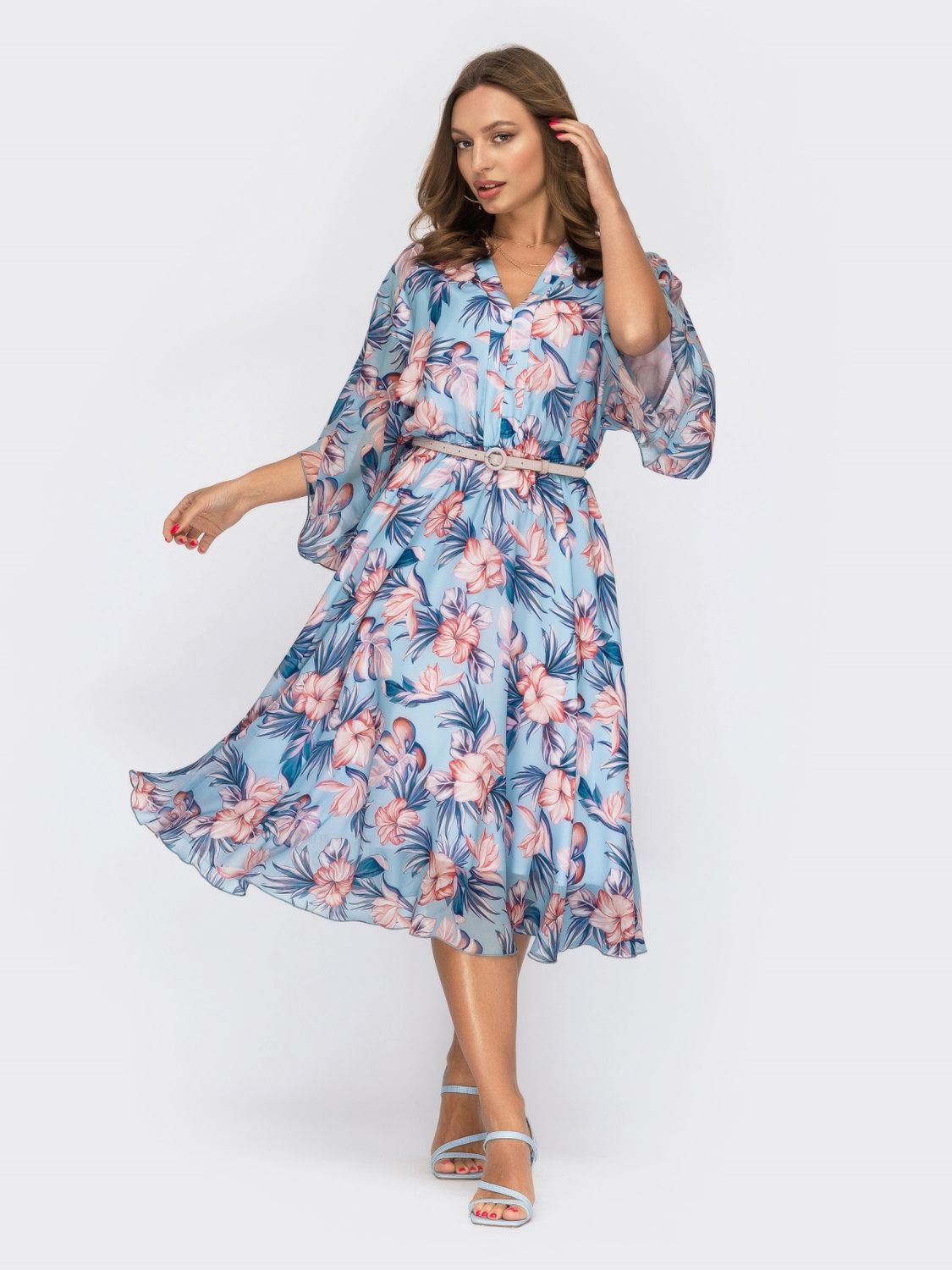 Повітряна сукня-кімоно з шифону в квітковий принт - фото