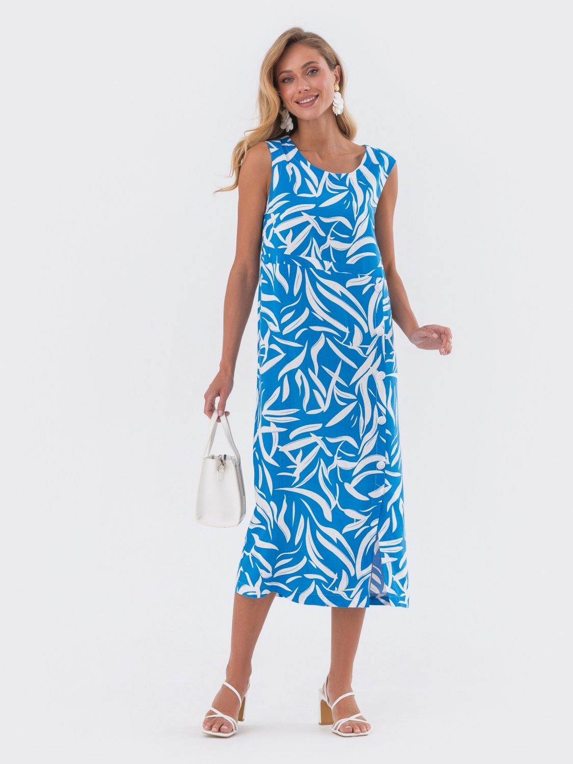 Літня лляна сукня прямого крою блакитного кольору - фото