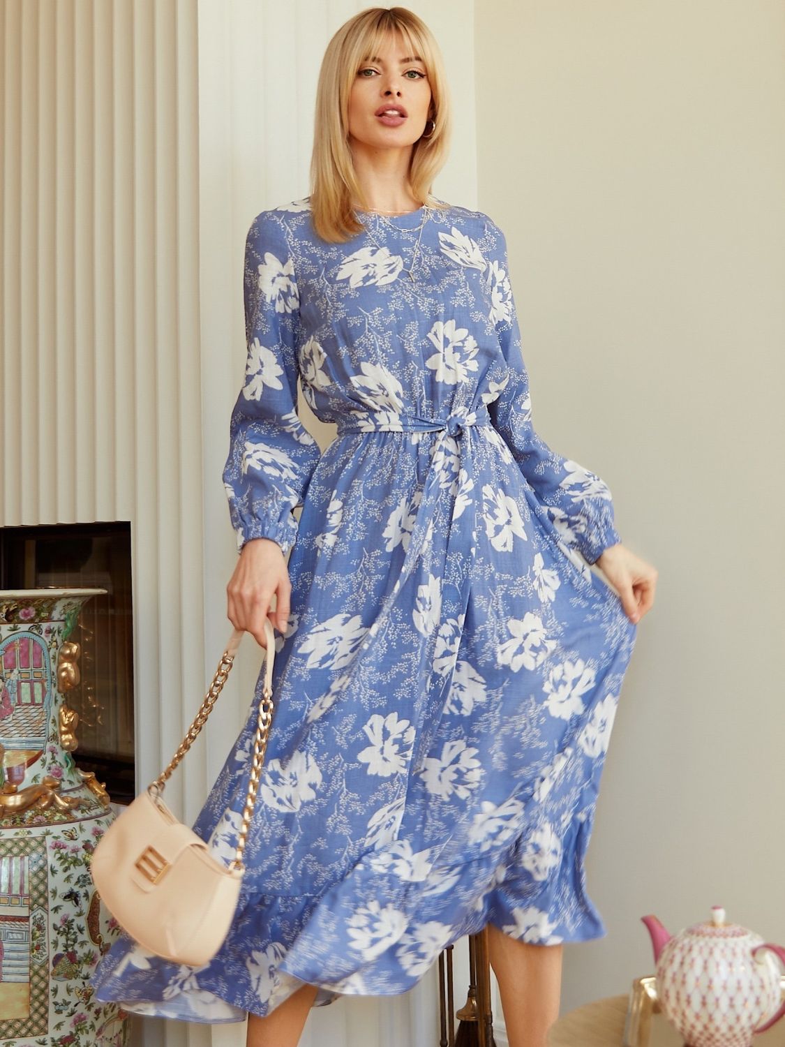 Льняне плаття міді з квітковим принтом блакитне - фото