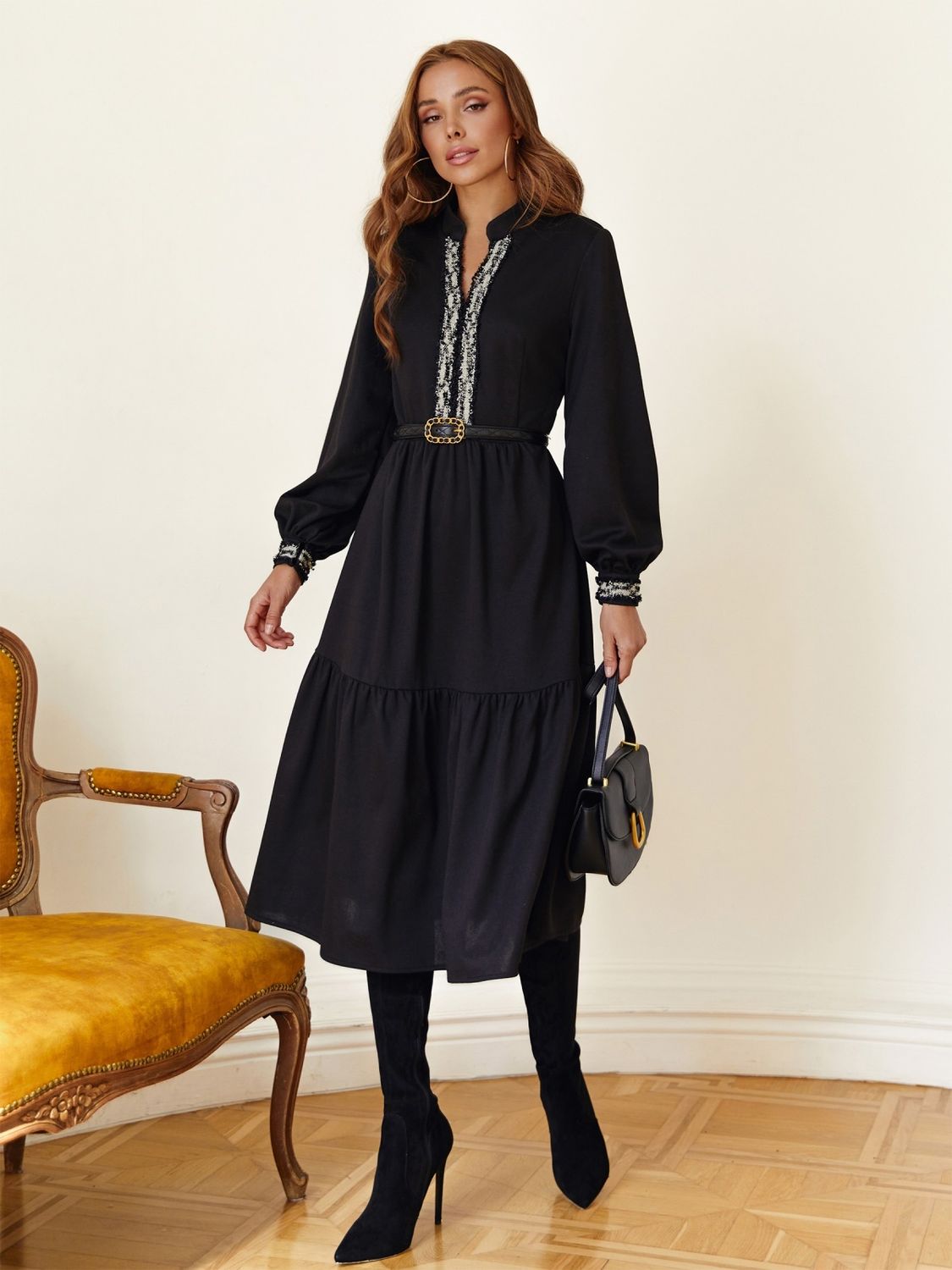 Черное платье-миди из французского трикотажа - фото