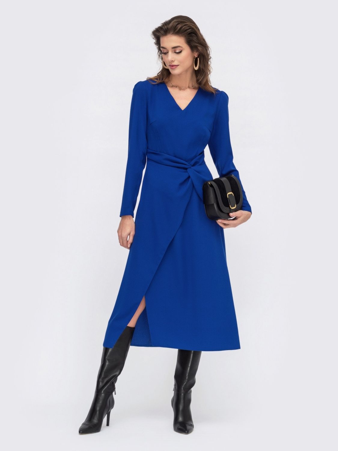 Елегантне плаття міді з розрізом синє - фото