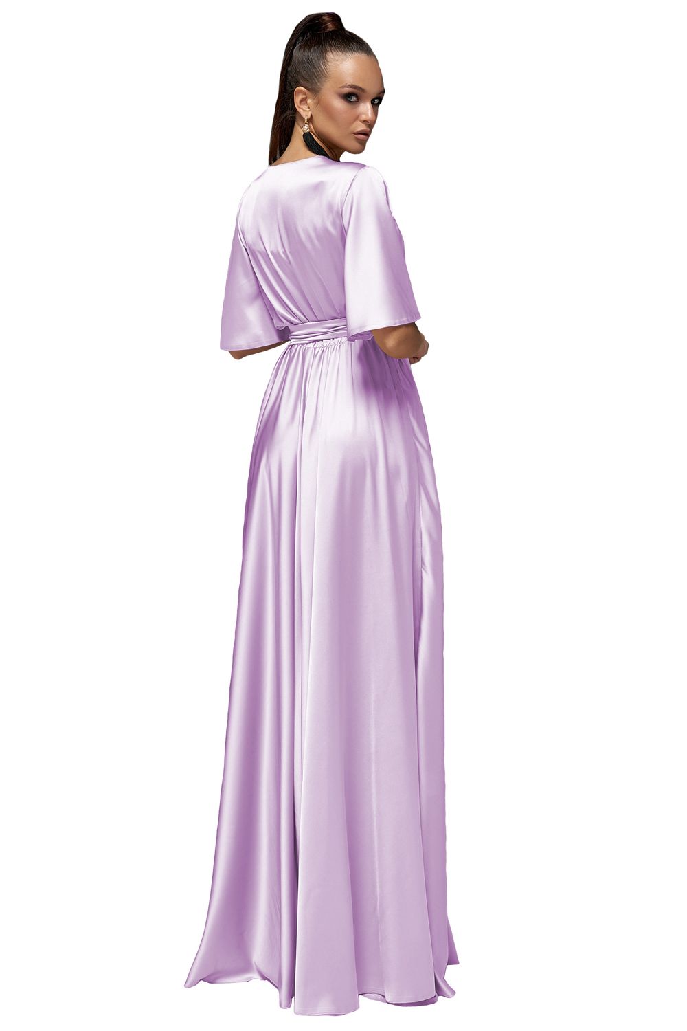 Шовкова вечірня сукня в пол бузкового кольору - фото