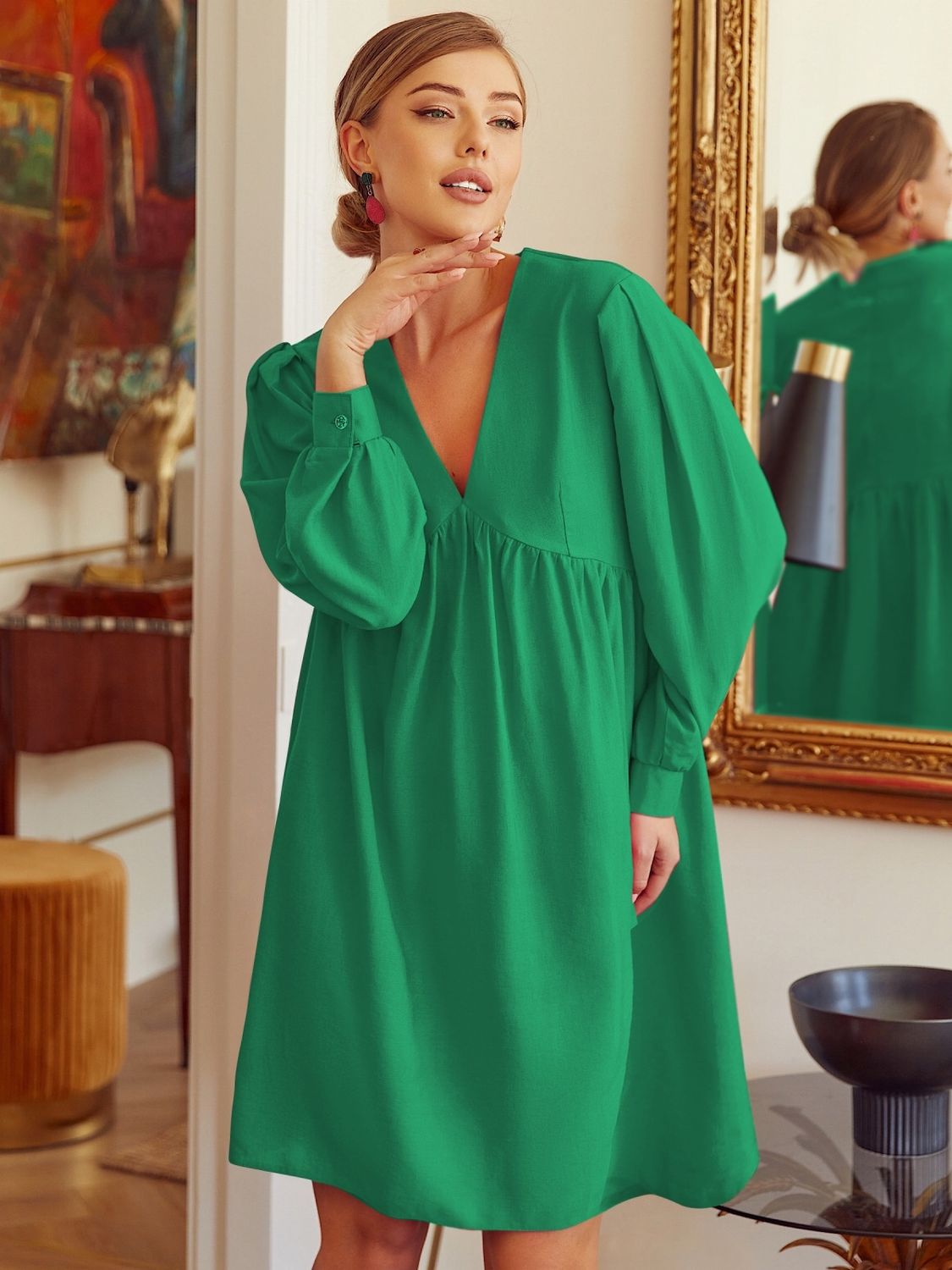 Летнее льняное платье оверсайз зеленого цвета - фото