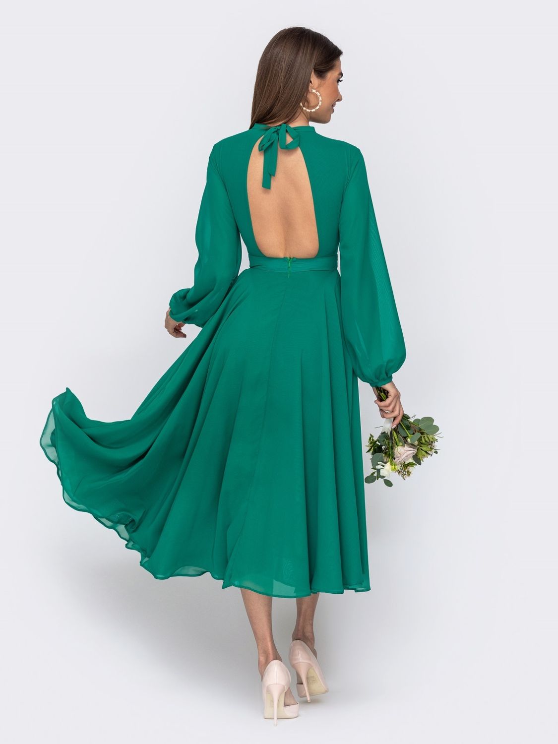 Нарядне шифонове плаття зі спідницею-сонце зеленого кольору - фото