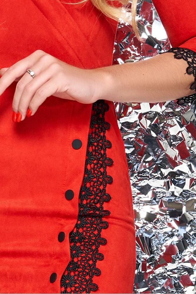 Нарядне замшеве плаття футляр з мереживом червоне - фото