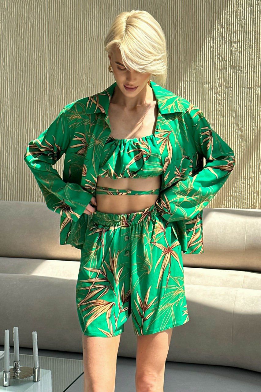Жіночий літній костюм трійка з льону зеленого кольору - фото