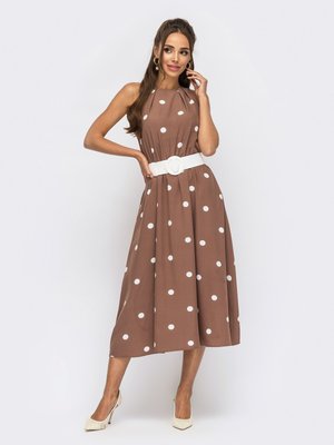Летнее платье миди в горошек коричневое - фото