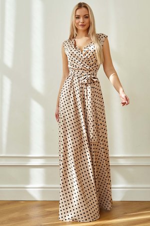 Шелковое летнее платье в пол на запах в горошек - фото