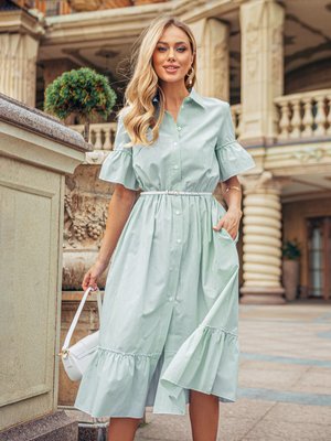 Легка літня сукня-сорочка з бавовни у дрібну смужку - фото