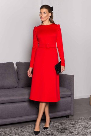 Изящное красное платье миди с юбкой солнце - фото