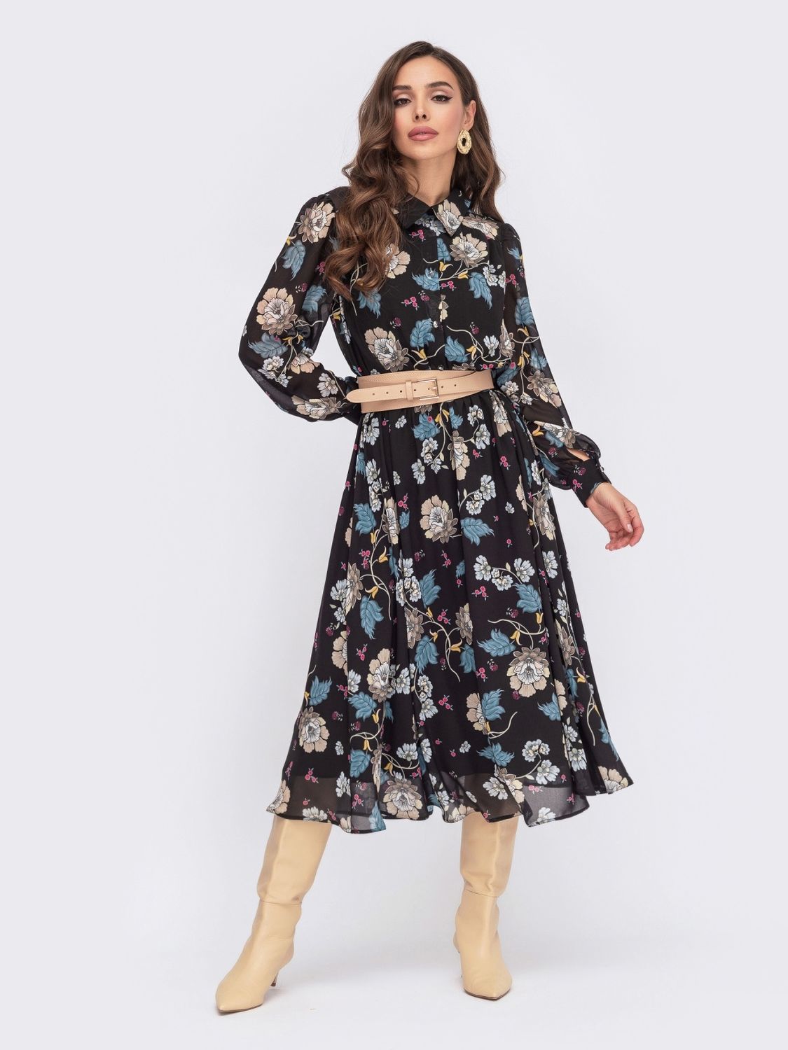 Шифоновое платье-рубашка в цветочный принт - фото