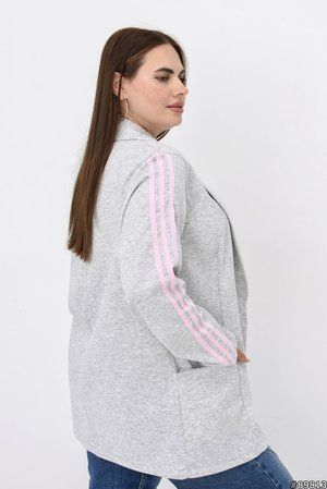 Подовжений трикотажний жакет з лампасами для повних, сіра - фото