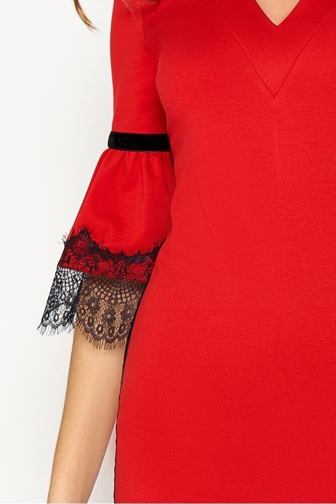 Красивое трикотажное платье футляр с кружевом красное - фото