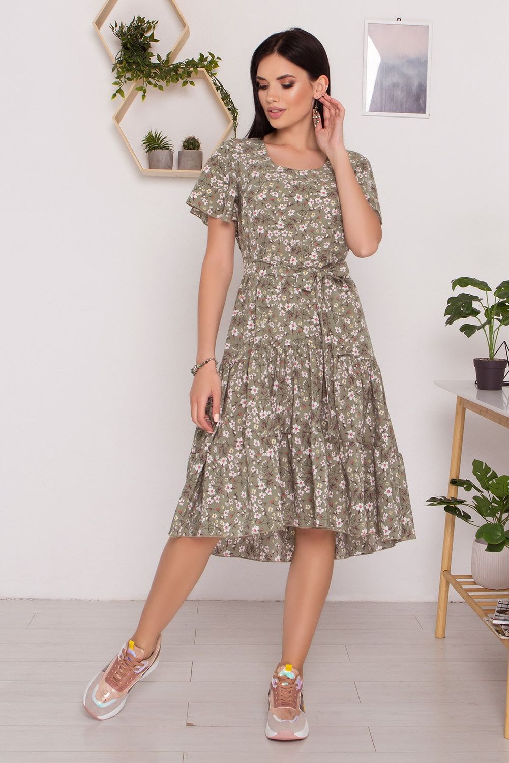 Літнє плаття оверсайз довжиною міді з принтом хакі - фото