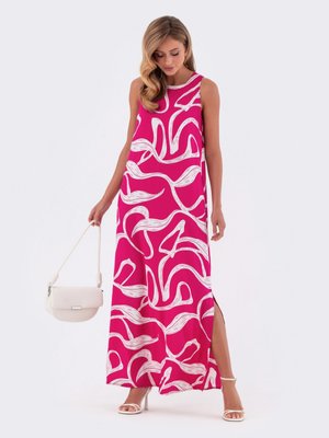 Длинное летнее платье розового  цвета с принтом - фото