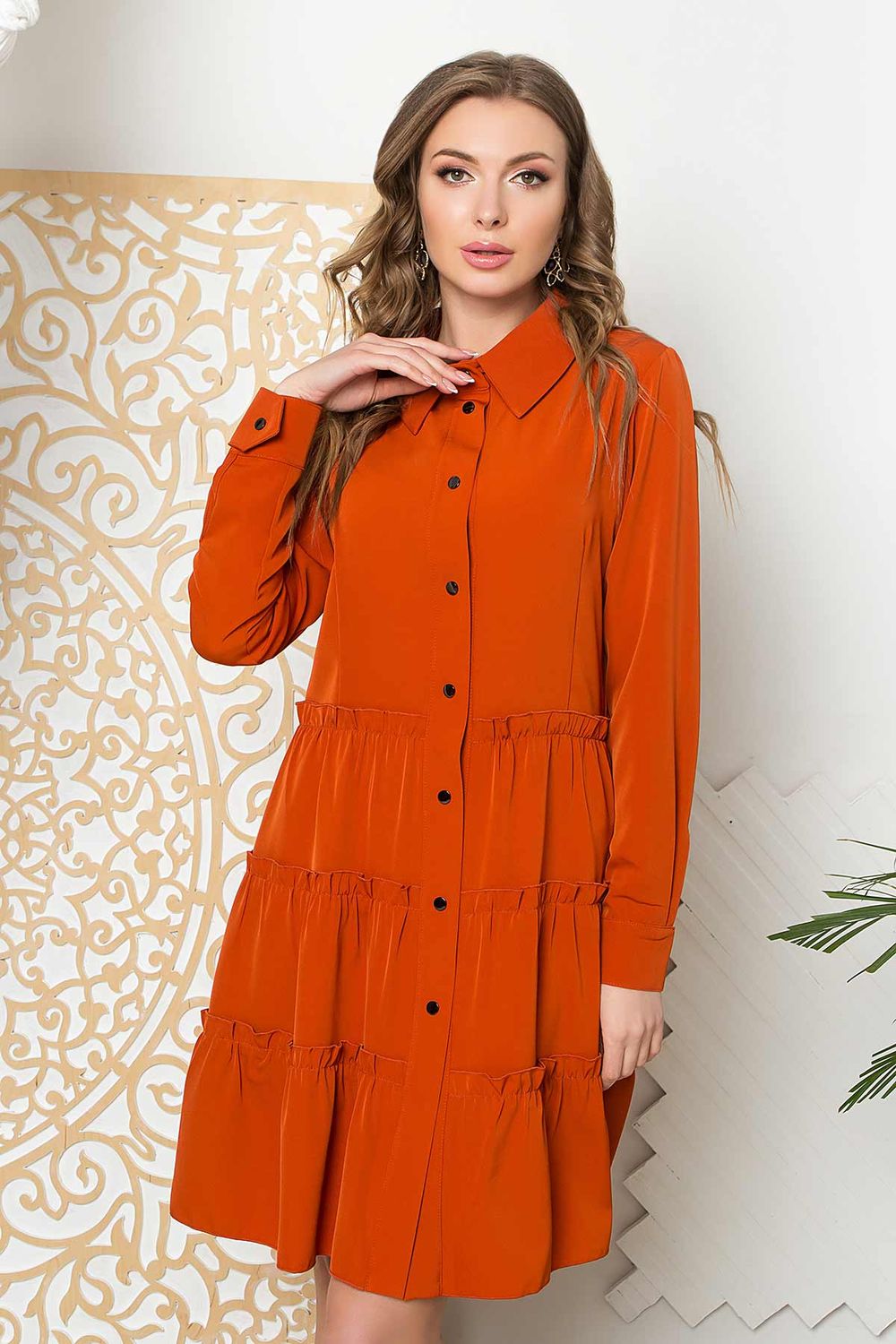 Стильне плаття сорочка теракотового кольору - фото