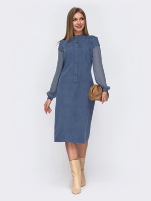 Замшева сукня міді приталеного крою блакитна - фото