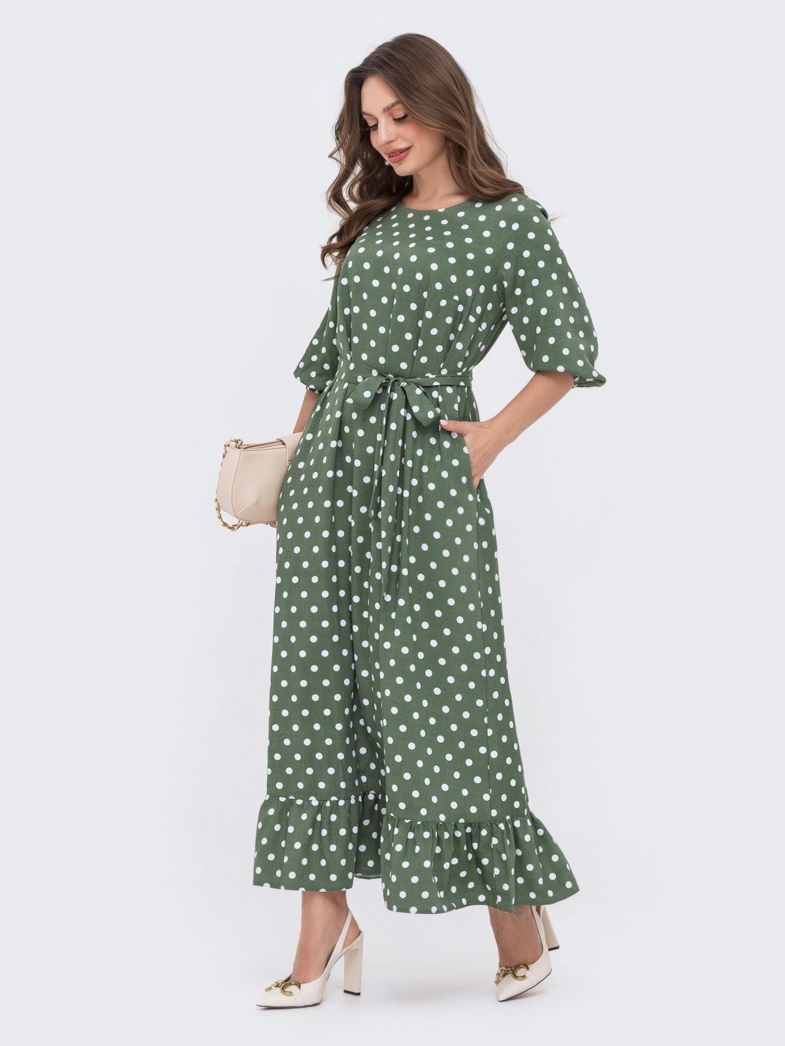 Довге плаття в горошок на весну-літо зеленого кольору - фото