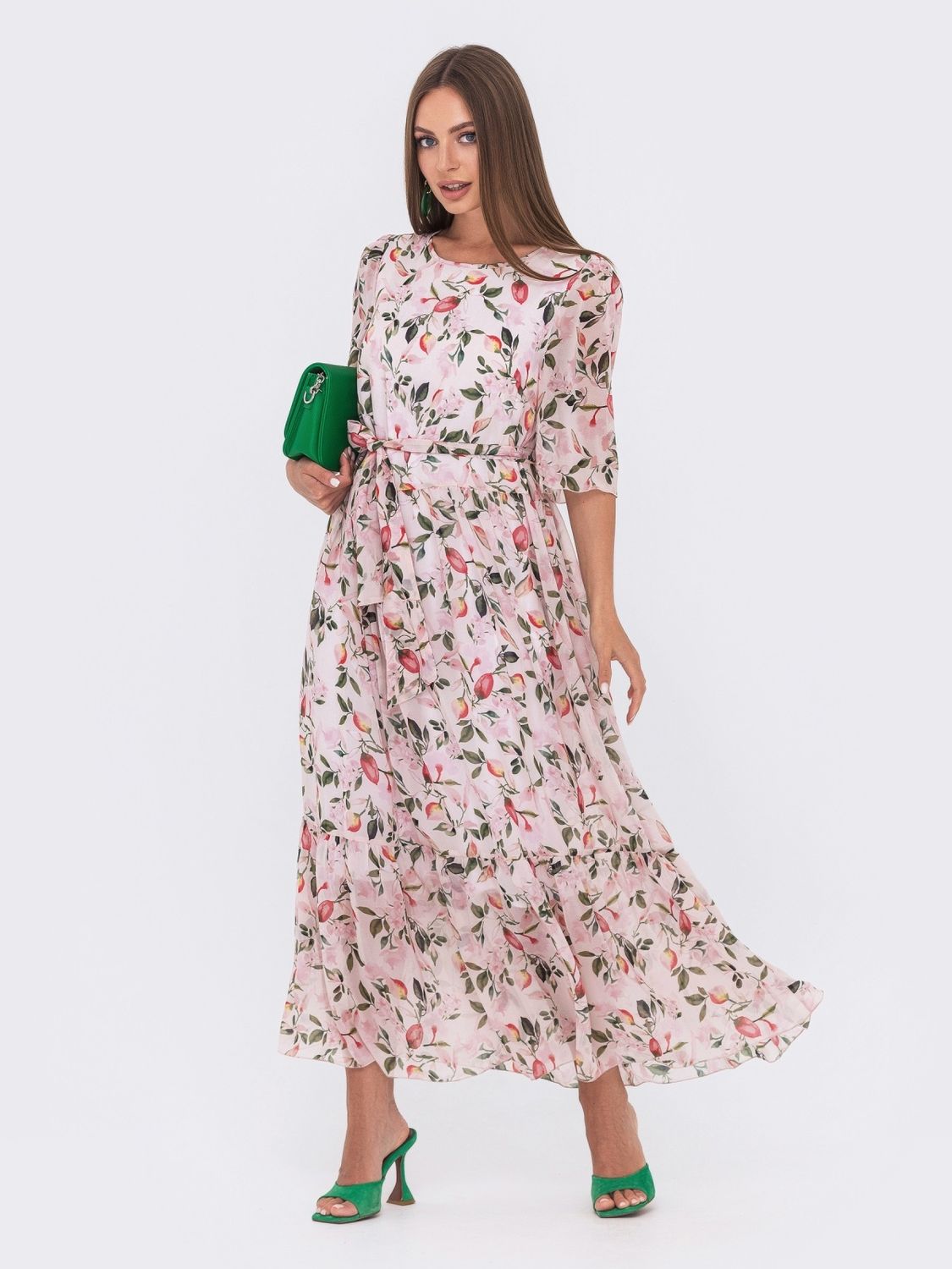 Шифоновое платье макси с цветочным принтом свободного кроя - фото