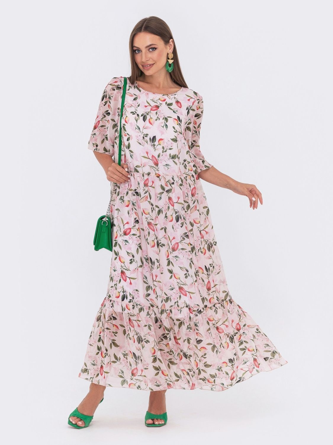 Шифоновое платье макси с цветочным принтом свободного кроя - фото