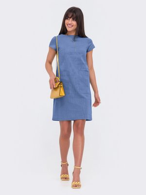 Голубое летнее платье из льна прямого кроя - фото
