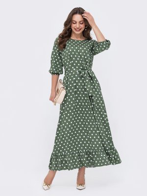 Длинное платье в горошек на весну-лето зеленого цвета - фото