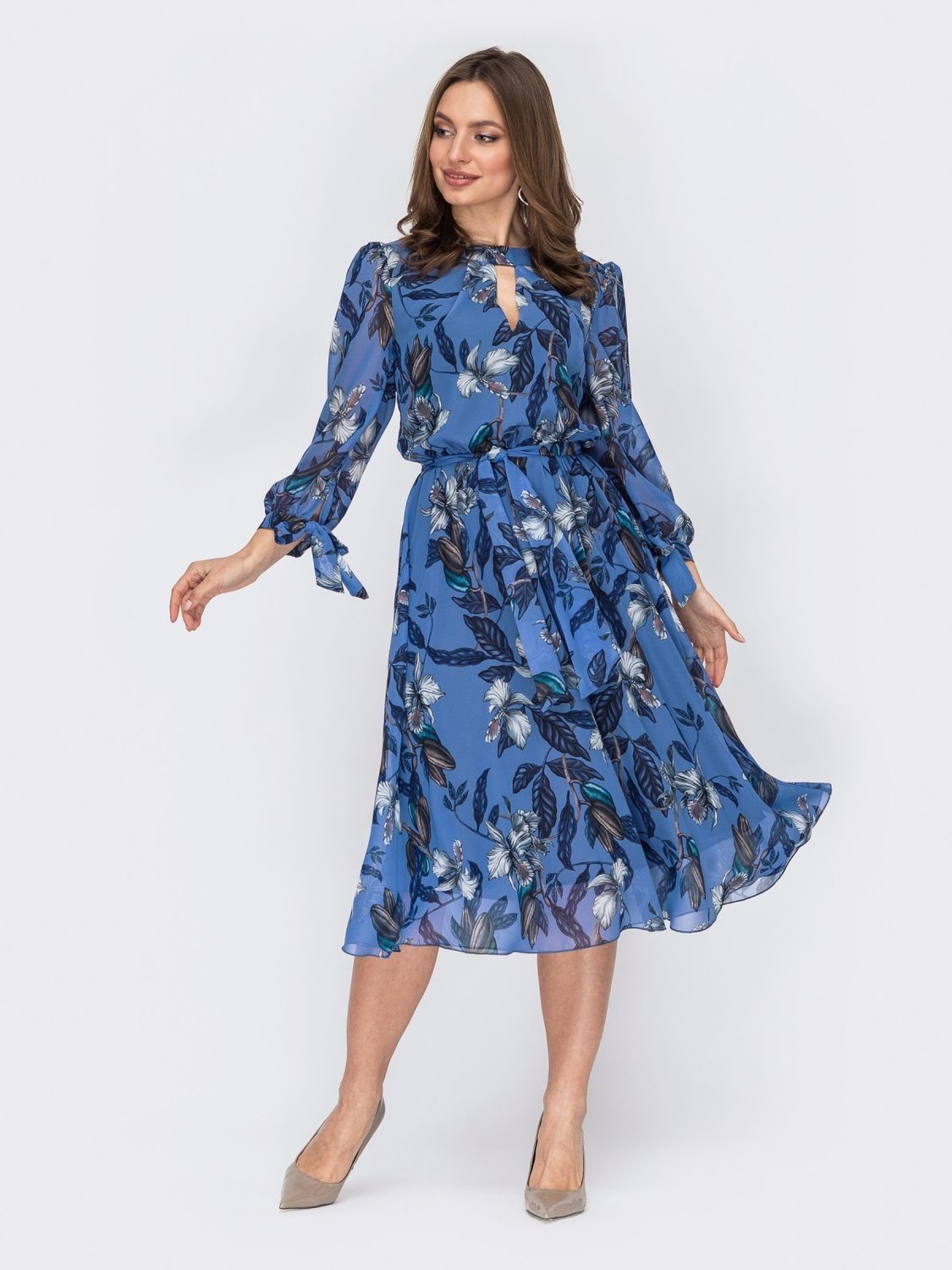 Шифонова сукня міді зі спідницею-сонце блакитна - фото