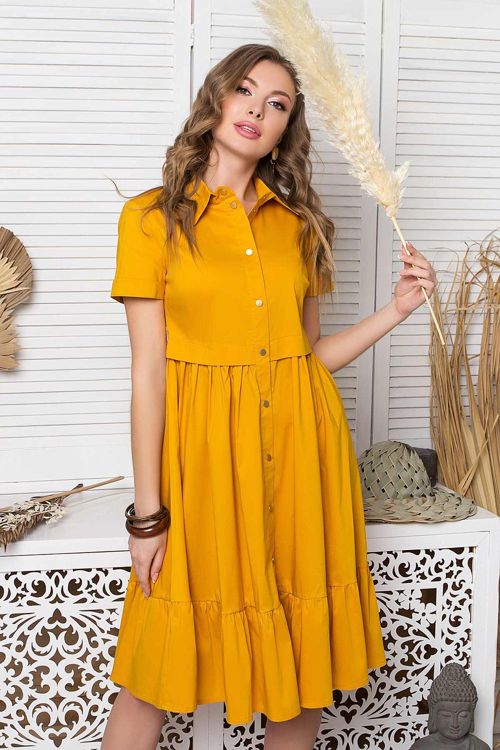 Літнє плаття сорочка з високою талією жовте - фото