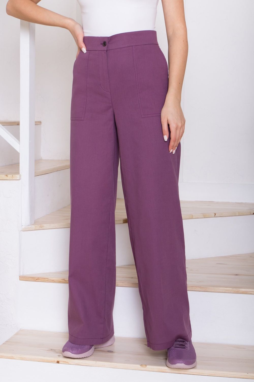 Літні лляні штани прямого крою фіолетові - фото