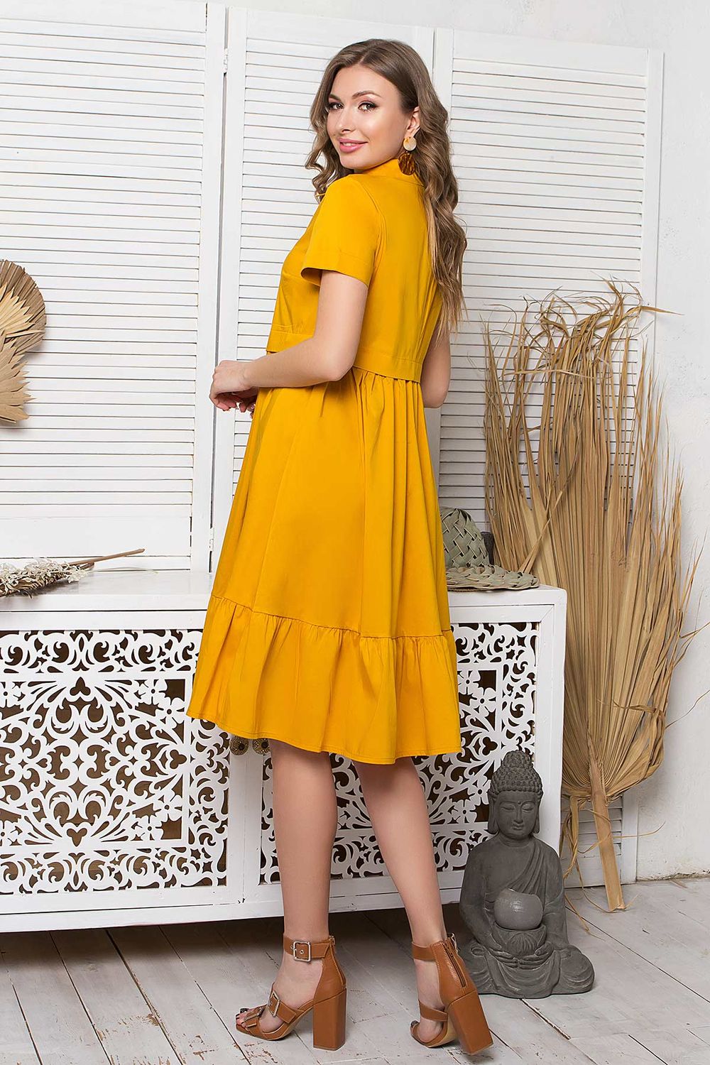 Літнє плаття сорочка з високою талією жовте - фото