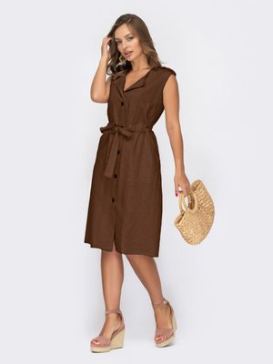 Льняное платье-рубашка на лето коричневого цвета - фото